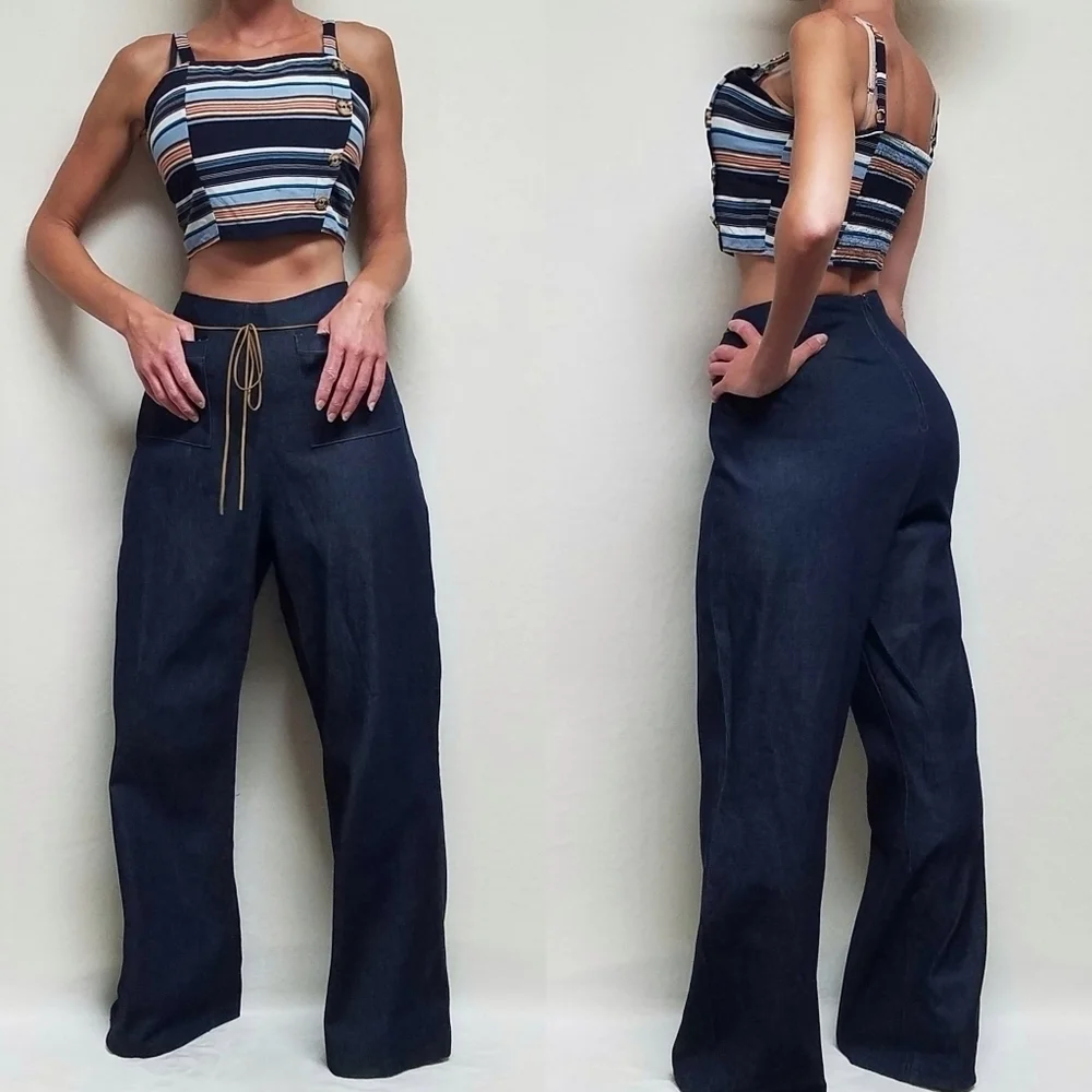 RARE Vintage 1970s Beware High Rise Leather Tie-Waist Wide Leg Stretchy Jeans